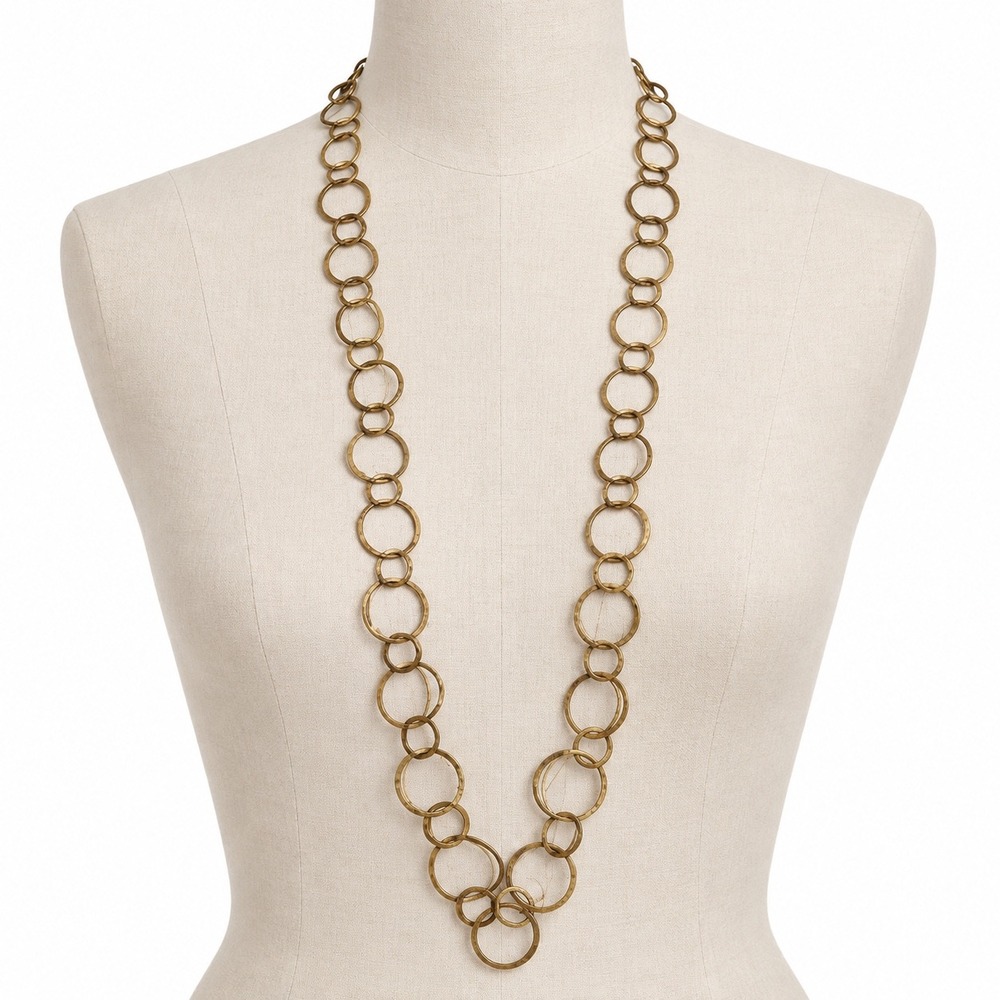 Vintage Gold Tone Circle Link Necklace Long Hammered Statement